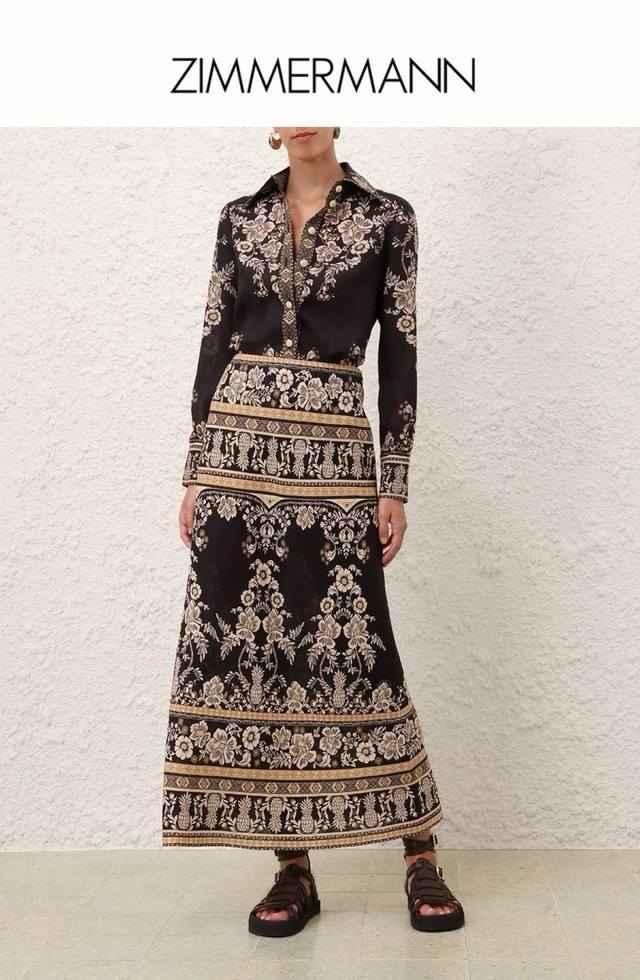 Zimmerma*N 兹默曼澳洲品牌高端定制 时尚复古花卉印花气质百搭两件套装！系扣门襟翻领长袖衬衣上衣高腰A字长款半身裙！1.2.3.4 Smlxl 3码：肩