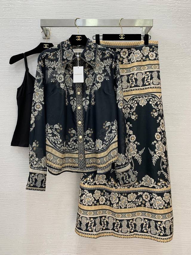 Zimmerma*N 兹默曼澳洲品牌高端定制 时尚复古花卉印花气质百搭两件套装！系扣门襟翻领长袖衬衣上衣高腰A字长款半身裙！1.2.3.4 Smlxl 3码：肩