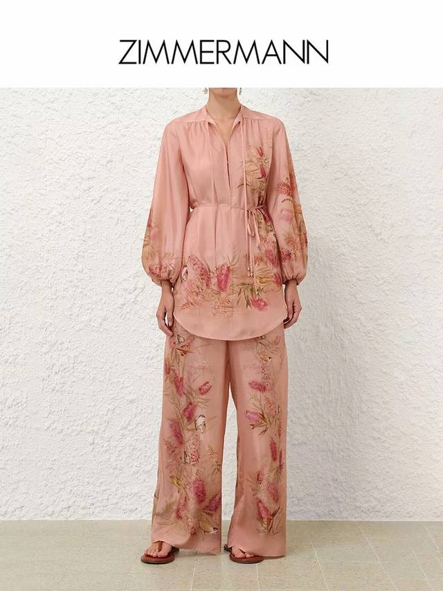 Zimmerma*N 兹默曼澳洲品牌 高端定制仿真丝光感丝缎面料花朵枝叶印花时尚两件套装！暗扣门襟系带领宽松百搭灯笼袖长袖衬衣抽绳松紧腰宽松阔腿裤长裤！1.2.