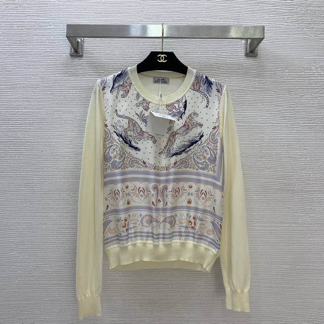 Hermè*新款 高端定制Ab面料19姆米100%真丝斜纹绸拼接羊毛混纺针织面料、豹子奔腾复古图案印花圆领套头长袖针织衫上衣！深咖、杏色、 S码：肩宽37，胸围