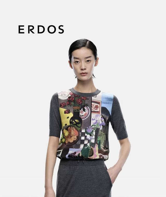 Erd*S鄂尔家新款 时尚复古油画图案印花圆领套头短袖针织衫上衣！灰色， M码：肩宽36，胸围100，袖长19，衣长55