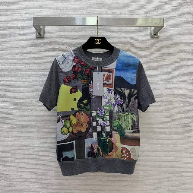 Erd*S鄂尔家新款 时尚复古油画图案印花圆领套头短袖针织衫上衣！灰色， M码：肩宽36，胸围100，袖长19，衣长55