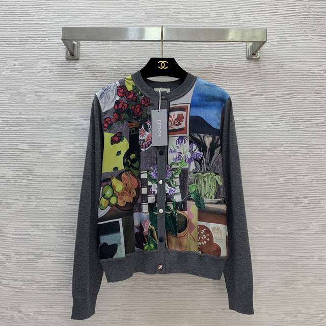 Erd*S鄂尔家新款定制多种纽扣油画图案印花系扣门襟圆领长袖针织开衫上衣！灰色， M码：肩宽37，胸围100，袖长57，衣长55