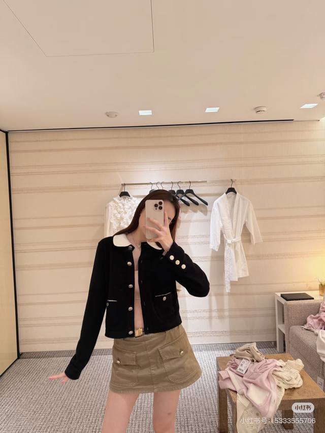 Chane*新款 高端定制100%羊毛纱线面料软糯亲肤！时尚减龄可拆卸娃娃领设计定制多种纽扣短款长袖针织开衫上衣！米白色、粉色、黑色、36.38.40 38码：