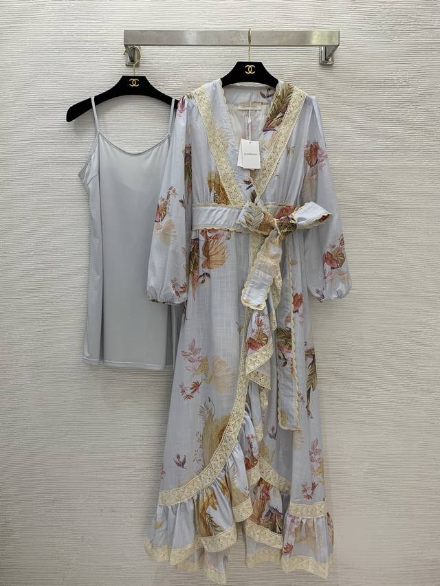 Zimmerman*兹默曼澳洲品牌 高端定制棉质混纺面料、蕾丝花边荷叶边拼接时尚印花一片式包裹系带收腰显瘦灯笼袖V领长款连衣裙！1.2.3.4 Smlxl 2码