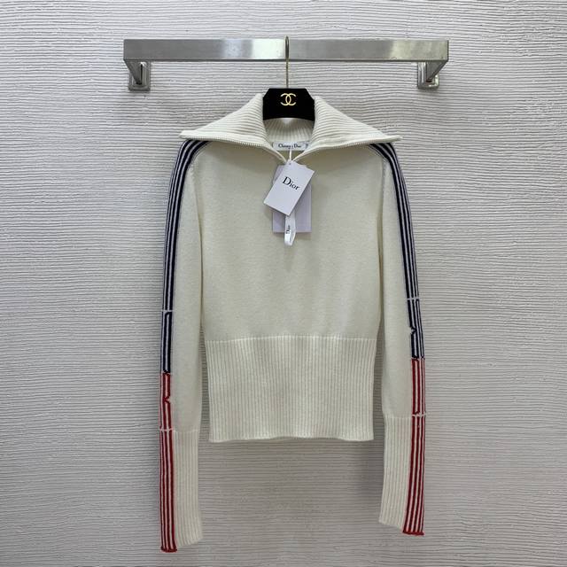Dio*新款高端定制100%山羊绒纱线面料、D家滑雪服条纹撞色袖子拉链大翻领修身显瘦套头长袖针织衫上衣！米白色，36.38.40 38码：胸围88，连肩袖76，