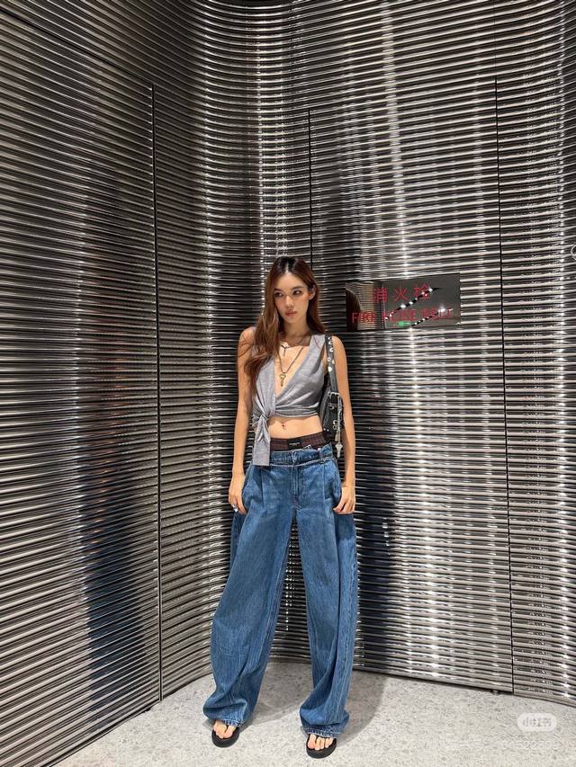 Alexander Wan*大王家新款高端定制洗水牛仔棉面料、潮人穿搭个性时髦假两件拼接字母Logo标志宽松时尚牛仔裤长裤配送钥匙腰链！ M码：下腰围74无弹力