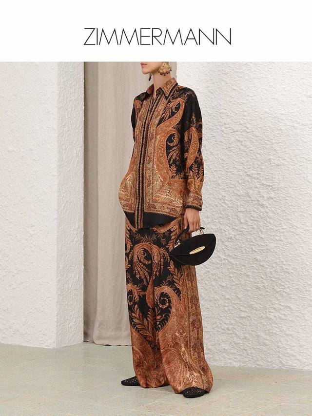 Zimmerma*N 兹默曼澳洲品牌高端定制棉麻透气面料、时尚复古印花两件套装！宽松百搭系扣翻领长袖衬衣抽绳松紧腰阔腿裤长裤 裤两侧有口袋 1.2.3.4 Sm