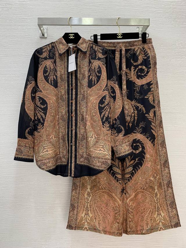 Zimmerma*N 兹默曼澳洲品牌高端定制棉麻透气面料、时尚复古印花两件套装！宽松百搭系扣翻领长袖衬衣抽绳松紧腰阔腿裤长裤 裤两侧有口袋 1.2.3.4 Sm