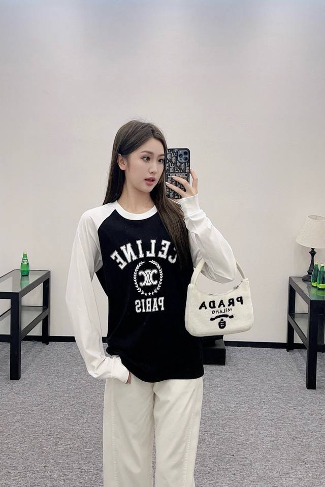 Celin*早秋新款 高端定制纯棉面料、胸前字母Logo图案印花撞色拼接时尚减龄长袖T恤上衣！藏青色， M码：胸围100，连肩袖长73，衣长63