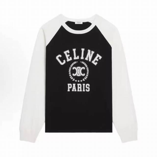 Celin*早秋新款 高端定制纯棉面料、胸前字母Logo图案印花撞色拼接时尚减龄长袖T恤上衣！藏青色， M码：胸围100，连肩袖长73，衣长63