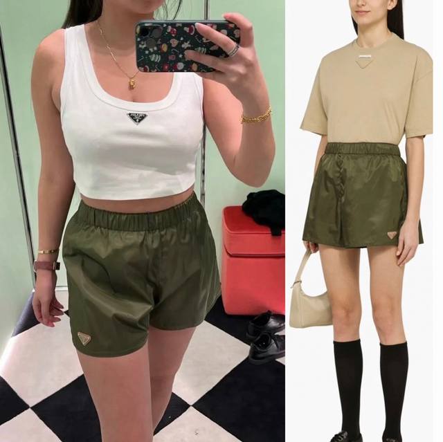 Prad*新款P家定制尼龙系列、经典金属三角标Logo装饰时尚休闲松紧腰阔腿短裤！绿色、黑色、 M码：腰围66可松紧，裤长30
