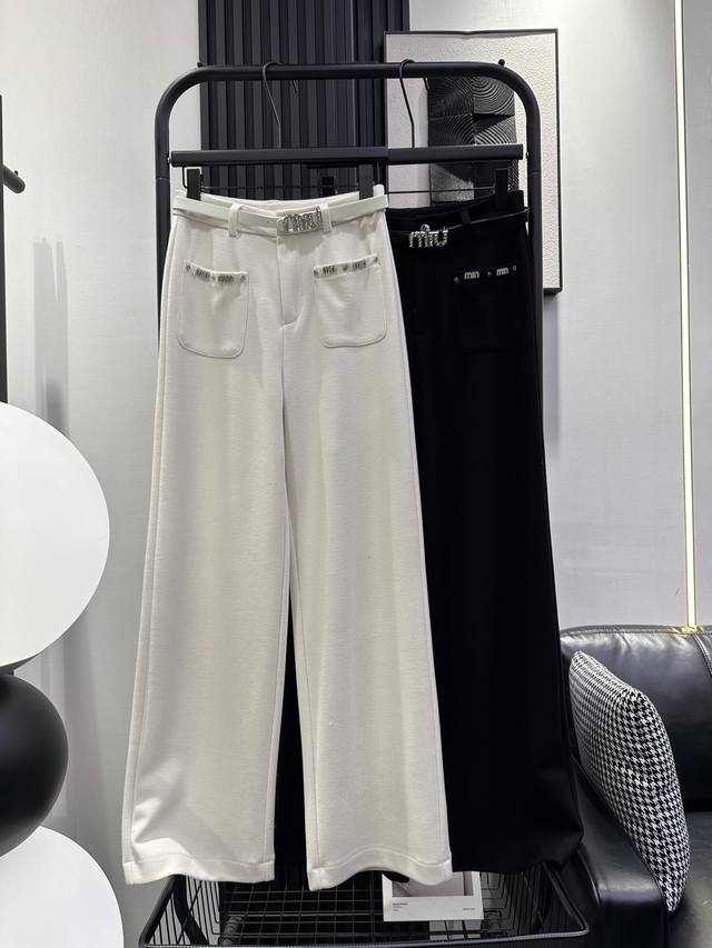 Miumiu-新款 高腰前袋镶钻皮带拖地裤 羊绒面料 时尚大牌 百搭显瘦小神裤 面料弹力好两色 Smlxl