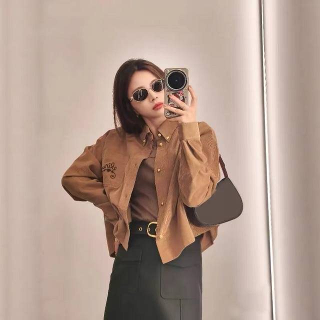 爆款上新孙千同款 Ce家2025 秋款高端限量时尚休闲百搭羊皮绒刺绣口袋衬衫 一色三码Sml 面料:羊皮绒