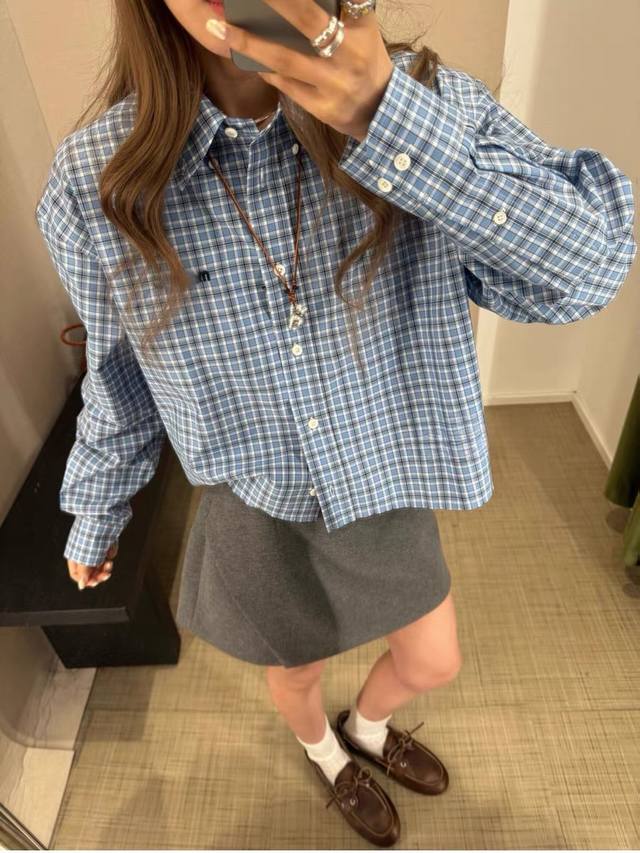 Miu家明星同款字母刺绣撞色格子印花宽松翻领衬衣 一色三码Sml 面料:棉