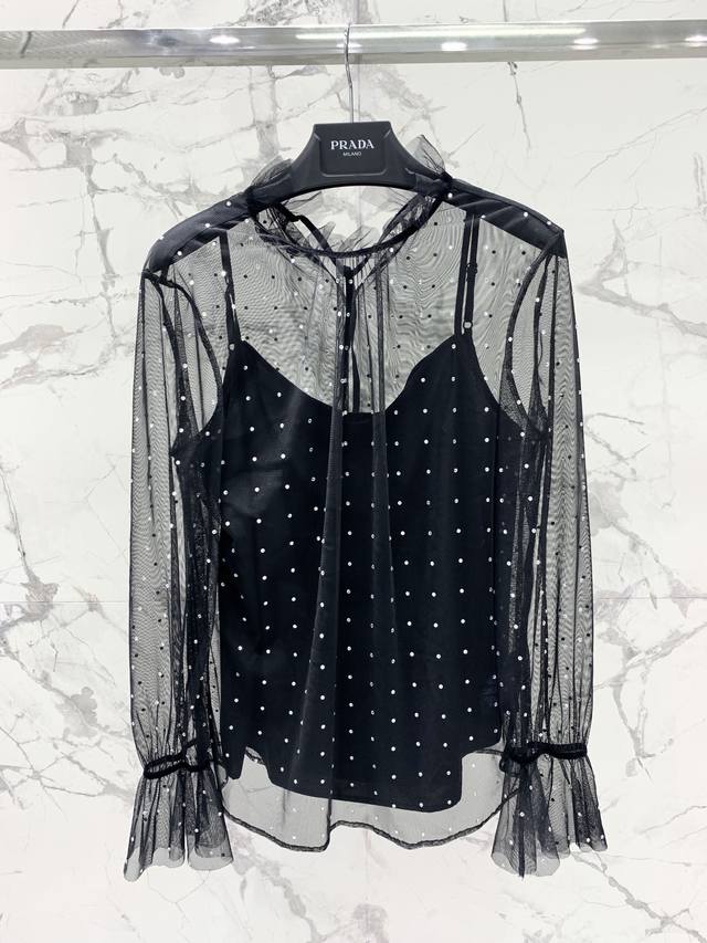 普拉普家2025两件套上衣 高温烫钻网纱衬衣 上身优雅 气质～ 码数Sml