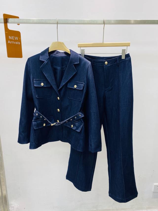 新款朱珠同款复古蓝牛仔西装外套女收腰显瘦高级感气质西服两件套Smlxl