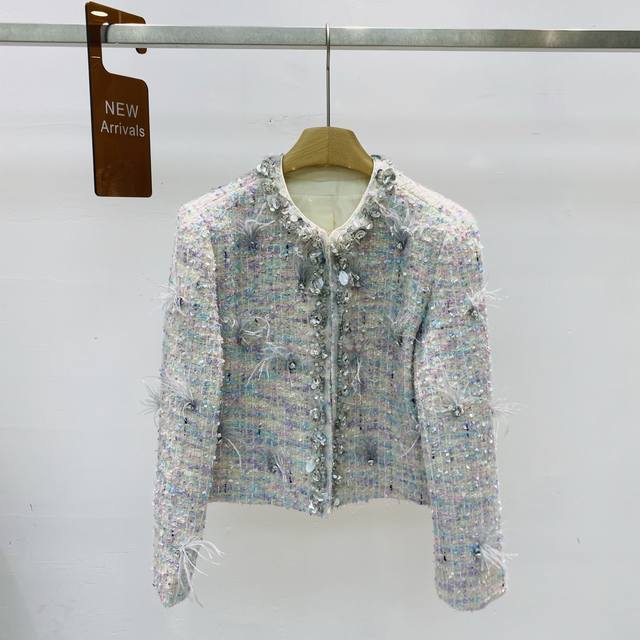 新款定制纱线糖果色手工钉珠鸵鸟毛外套上衣Smlxl