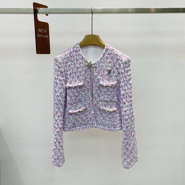 新款法式小香风梦幻紫亮片编制圆领针织开衫外套上衣Smlxl