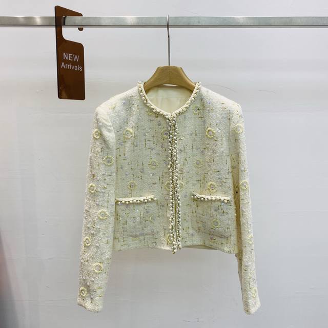 新款重工钉珠彩色亮片刺绣花圆领小香风短外套上衣Smlxl