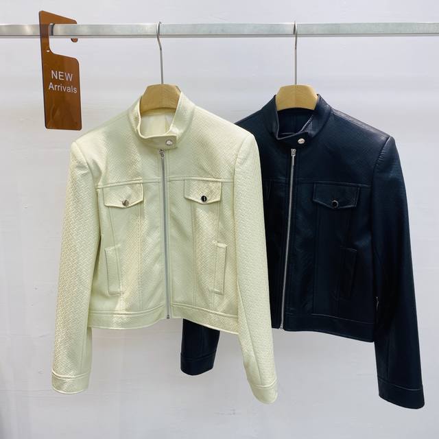 新款 编织纹立领Pu皮高级感酷飒风机车夹克外套上衣Smlxl