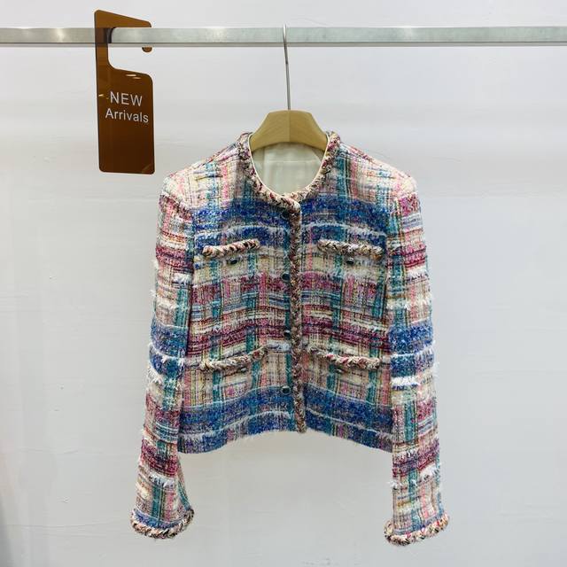 新款小香风精致编织粉蓝格纹粗花呢圆领毛边短款外套上衣Smlxl