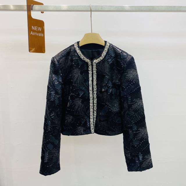 新款优雅重工Blingbling镶钻羽毛亮片短款外套上衣Smlxl