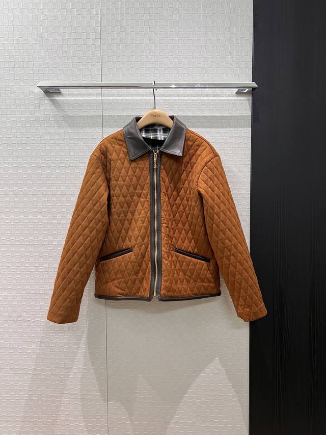 秋冬拼皮翻领绗缝菱格麂皮绒棉衣外套宽松时尚 绿色复古格纹内衬 五金配件全开模 休闲通勤 减龄百搭 Sml