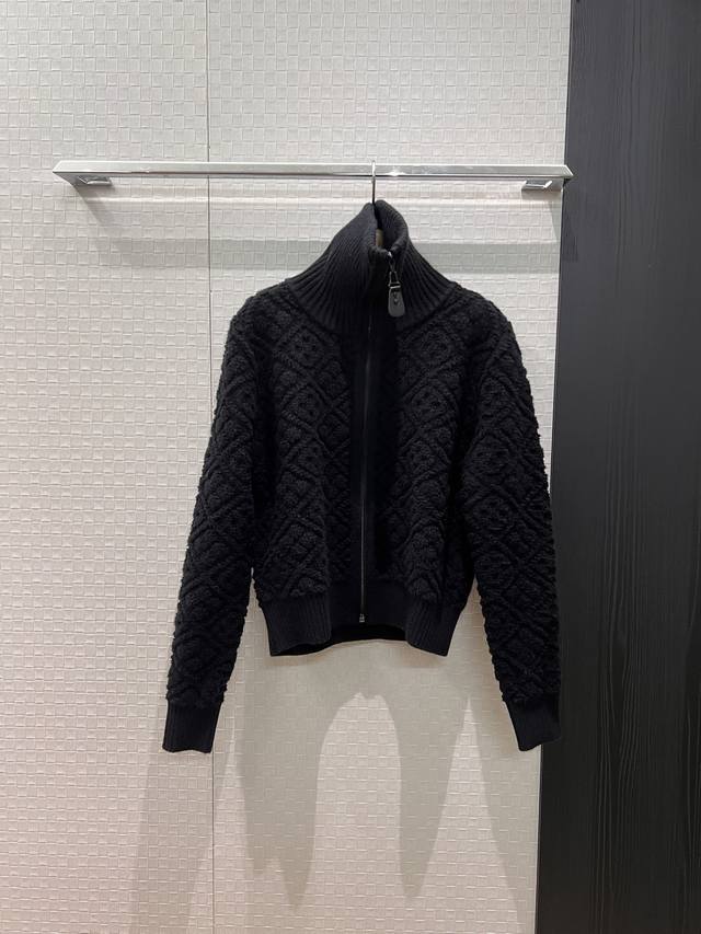 新款 菱格纹立体花纹毛巾针织高领开衫外套 学院减龄罗纹下摆收腰束口 可爱休闲Sml