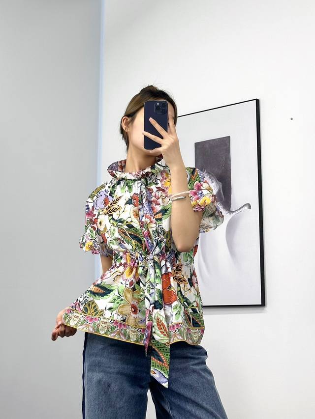 花卉印花系带上衣！腰部、领子系带可调节 棉 Sml