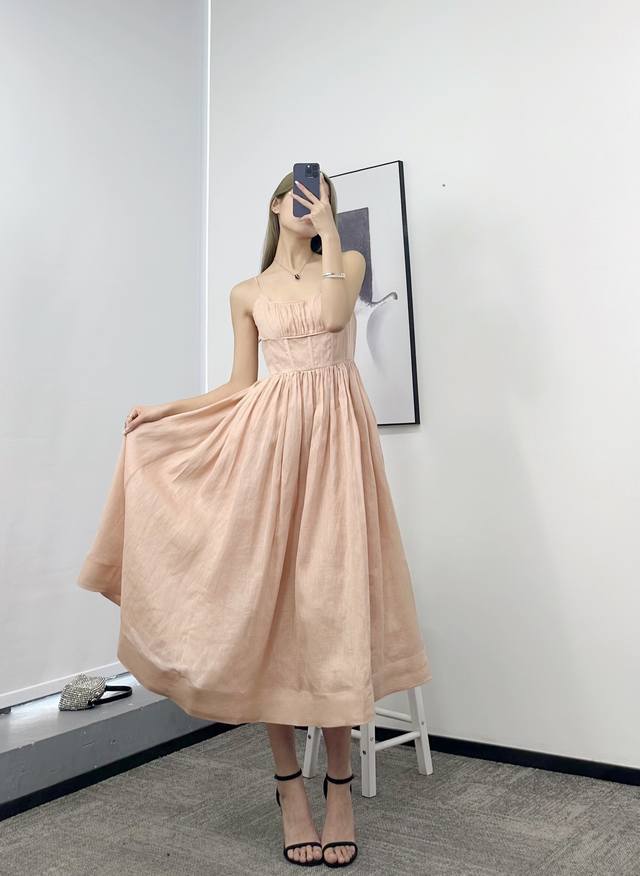 亚麻收褶连衣裙！亚麻 Sml