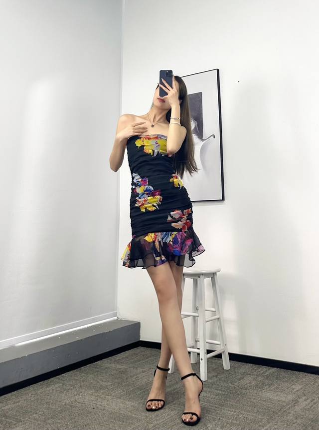 印花收褶荷叶连衣裙！雪纺面料 Sml