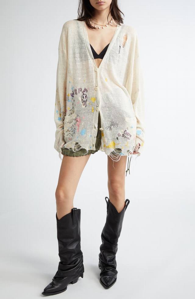 13 涂鸦印花勾破亚麻针织开衫！亚麻 Sml