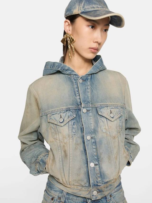 脏污效果连帽牛仔夹克外套！棉 Sml