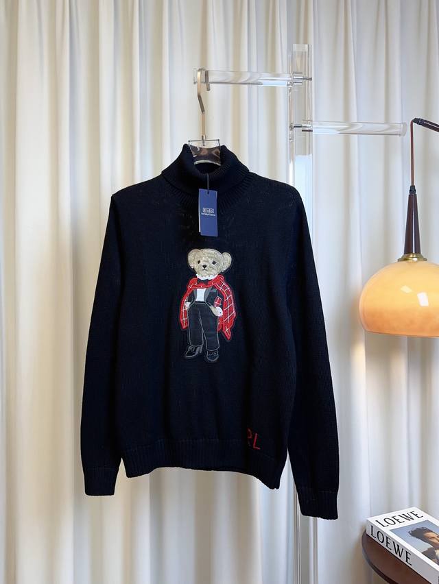 Po*新款工艺小熊卡通Logo高领羊毛上衣 定制羊毛面料 质感好 柔软舒适 亲肤透气 采用刺绣贴片点缀 图案精致趣味 下摆Rllogo点缀 精致活力 最高品质