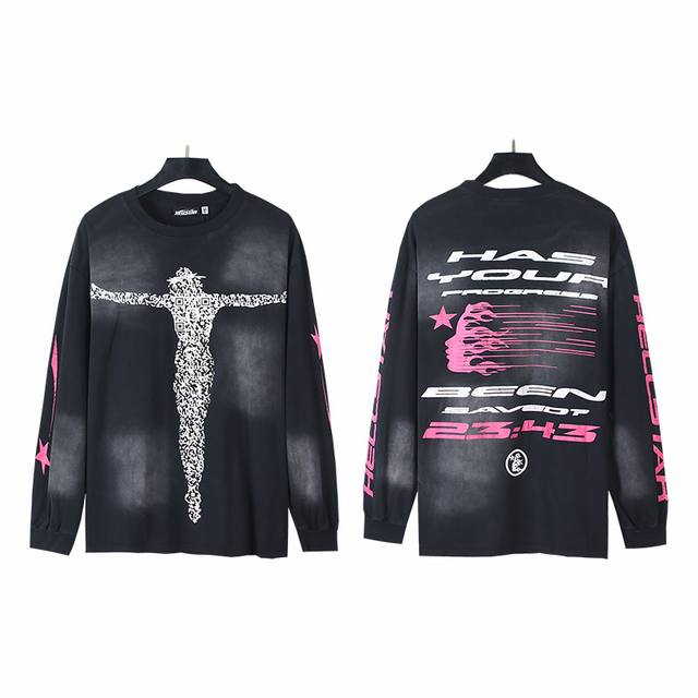 652# 实拍 Hellstar 地狱之星美潮做旧洗水纯棉宽松打底长袖T恤长T 面料：270克32支精棉双纱纯棉 颜色：黑色 码数：S M L Xl