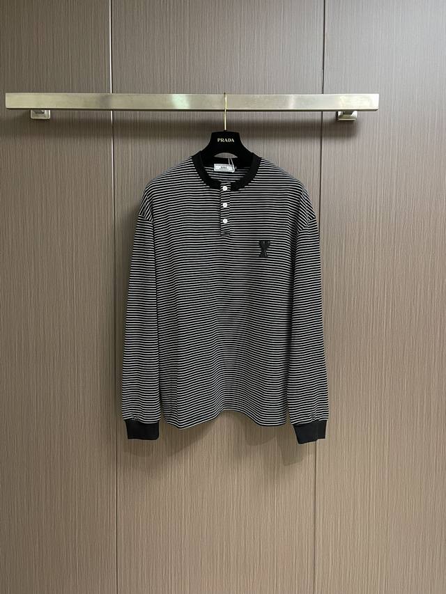 Ami 2025Ss秋季新款 经典小爱心条纹长袖针织T恤， G新疆长绒棉顶级双纱！100％实重 G面料，面料缩水率控制在2% 出口级固色品质 真正做到了不易变形