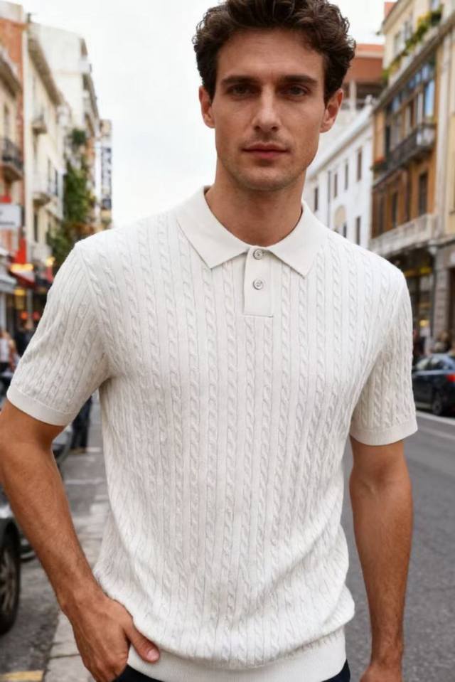 Brunello Cucinelli. 2025秋季新品男士绞花针织翻领短袖采用经典的绞花针织工艺，纹理立体有质感；翻领设计简约大方，短袖版型适合多季节穿搭 春