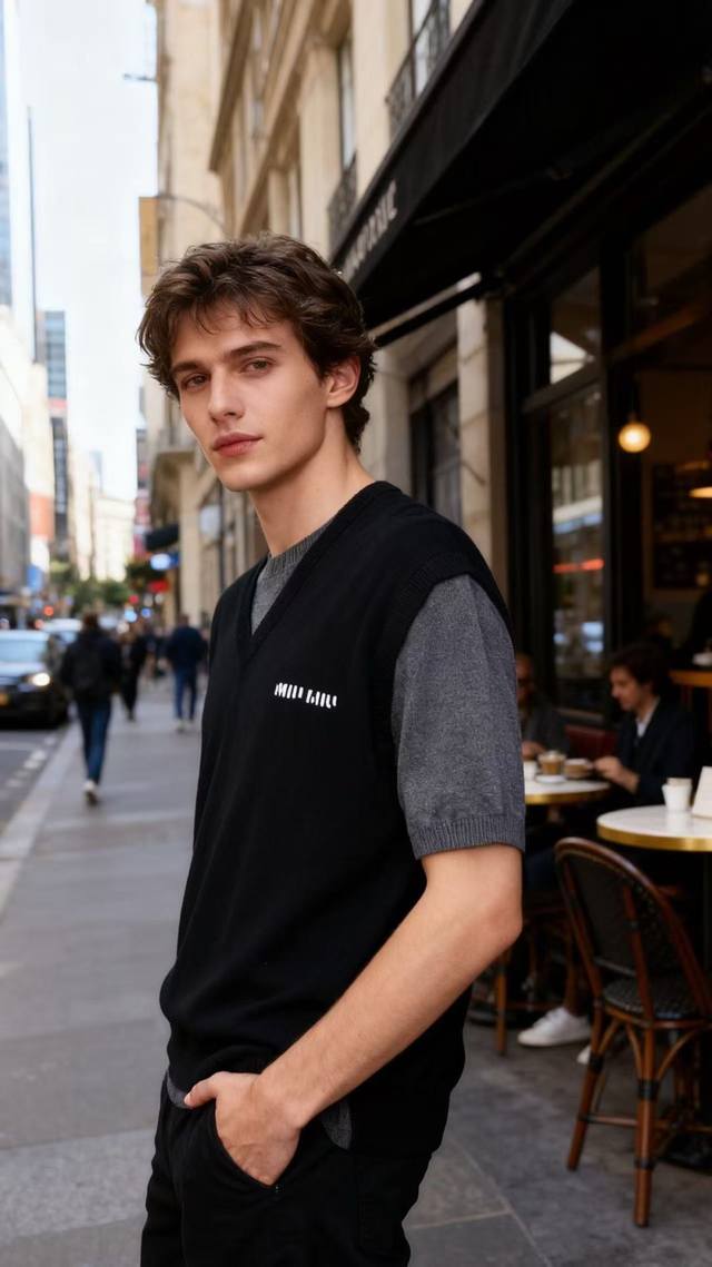 Miumiu. 2025秋季新品时尚假两件针织短袖衫正面有白色的“Miu Miu”品牌刺绣，品牌识别度高！采用假两件设计，外层为黑色V领针织马甲样式，内层为灰色