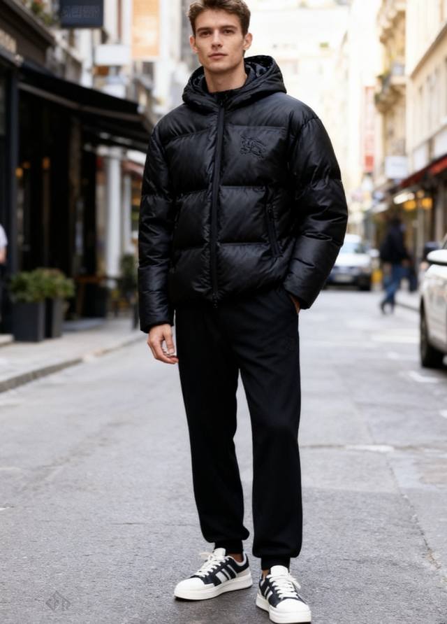 Burbe*Ry 巴宝丽. 2025秋冬新款！时尚男士黑色连帽羽绒服胸前有Bur标志性的骑士战马浮雕标识，品牌辨识度极高！内里品牌经典格纹Logo搭配采用黑色亮