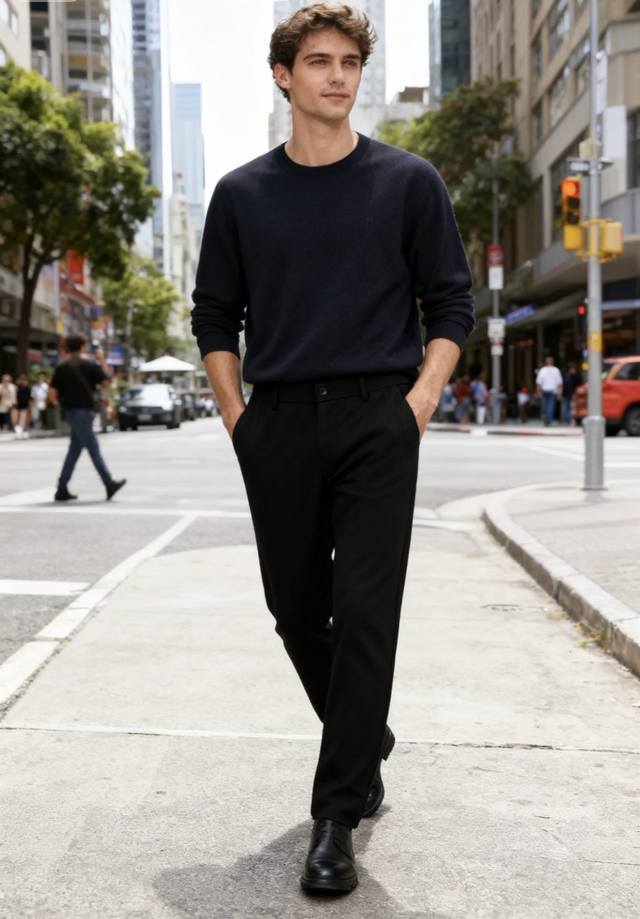 普拉* Pr*Da. 2025秋季新款男士休闲西裤！采用舒适定制面料从背面可见，有两个后口袋，其中一个口袋带有品牌三角标识，裤型修身挺括，面料垂坠感较好，腰部有