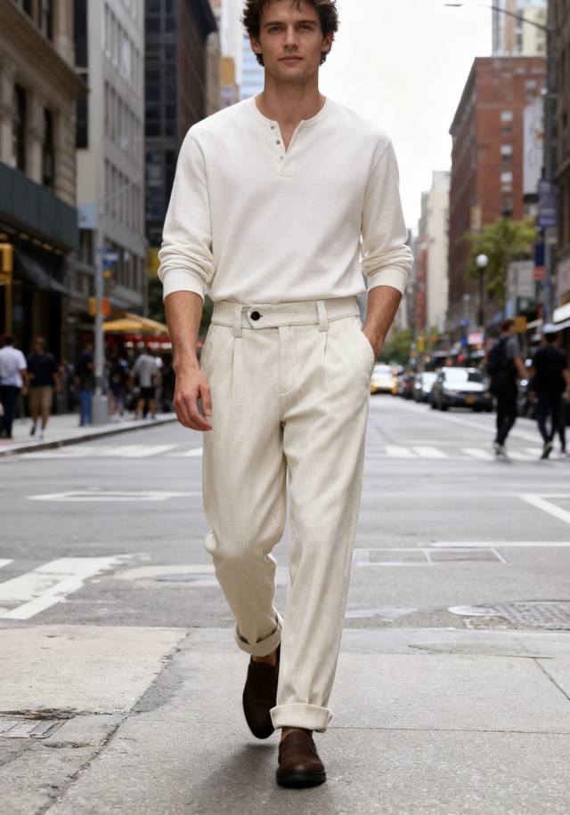 蒙口 Mon*Ler. 25男士秋季新品灯芯绒长裤，经典百搭款以标志性的学院风、修身剪裁和细节设计 如裤脚卷边、四条纹元素 闻名，在男装时尚领域具有独特地位！采