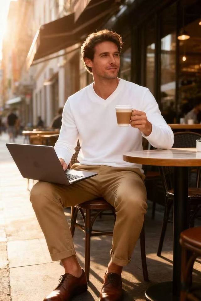 Lp. 2025秋季新款男士V领休闲长袖T恤！采用舒适保暖面料！品牌经典元素设计小V领设计的长袖T恤在男装中兼具简约与修饰颈部线条的效果。这类单品可搭配休闲裤打