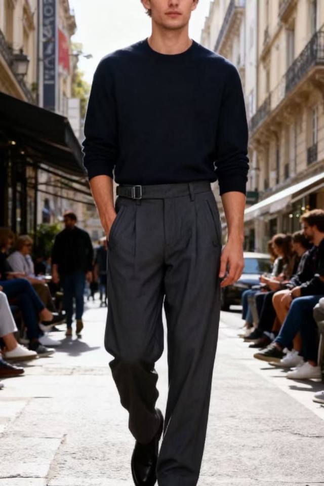 迪奥 Christian Dior. 25秋季新款！时尚男士深灰色阔腿休闲西裤！采用阔腿剪裁，后幅品牌Logo搭配腰部有金属扣饰设计，带有裤褶，口袋为斜插式，采