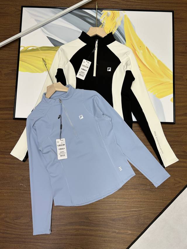 Fila 斐乐官方女子针织长袖衫2025冬季新款健身运动拼色半拉链长T 官网同步在售 Fila 斐乐官方女士针织健身运动拼色修身长袖半拉链衫 斐乐立领长袖打底衣