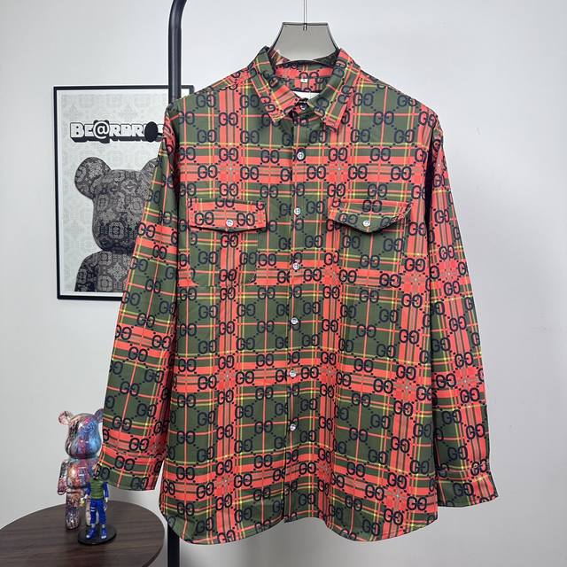 款号：Y04 *23春夏新品格纹衬衫 羊毛色织面料对格剪裁 宽松版型 男女同款 ：红色 ：M L Xl