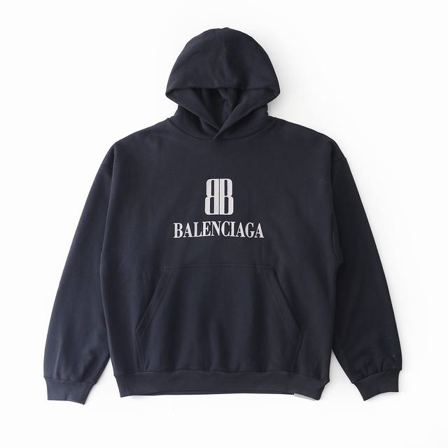 Balenciaga 巴黎世家 25Ss 双B标语灰字母印花连帽卫衣帽衫 原版购入开发 面料定织定染400克36支精梳棉 做水洗褪色灰 不是通货纯黑色 胸口手工
