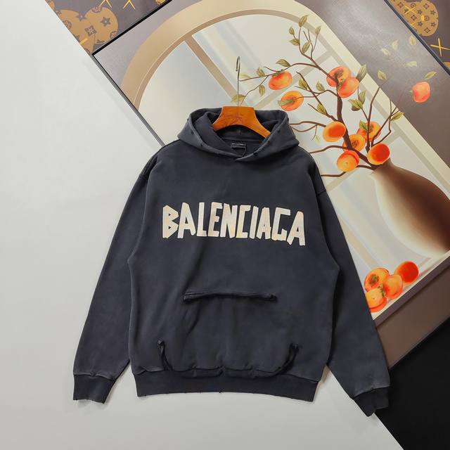 尺码Xs-L水洗黑 Balenciaga 巴黎世家卫衣 2025Ss 经典胶带拉浆印花水洗磨烂连帽卫衣 本市场No.1的质量 真正天花板品质 全部原版开发注意细