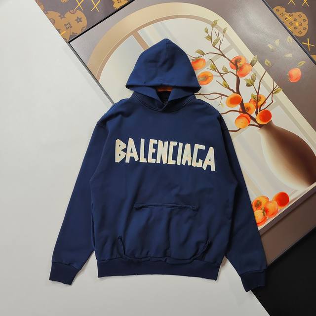 尺码Xs-L巴黎蓝 Balenciaga 巴黎世家卫衣 2025Ss 经典胶带拉浆印花水洗磨烂连帽卫衣 本市场No.1的质量 真正天花板品质 全部原版开发注意细