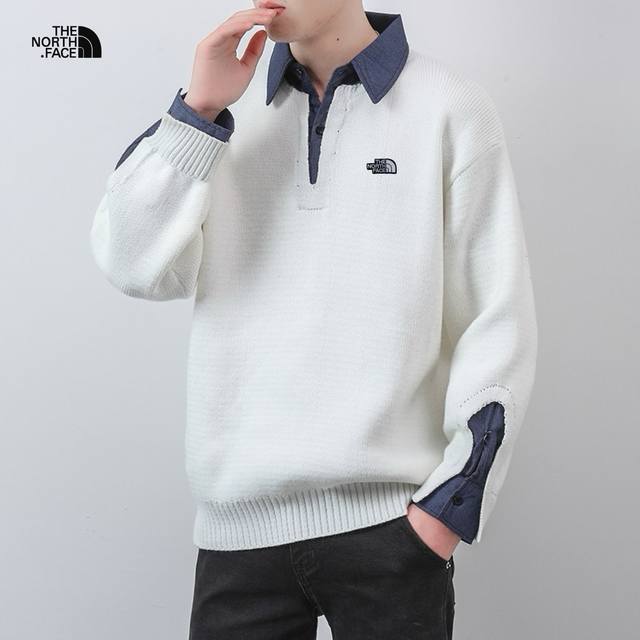 Yc上新发 Tnf北面海外版25Ss新款两色慵懒风宽松版拼色情侣款假两件衬衫领毛衣 采用针织加厚面料 舒适透气 有质感 做工精细 走线规则 落肩袖宽松版 不挑身